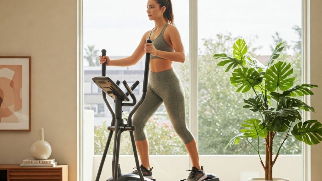 Moteris sportuoja namuose su elipsiniu treniruokliu