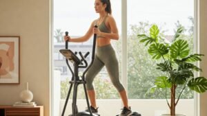 Moteris sportuoja namuose su elipsiniu treniruokliu