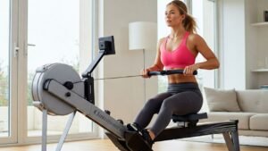 moteris sportuoja namuose su irklavimo mašina